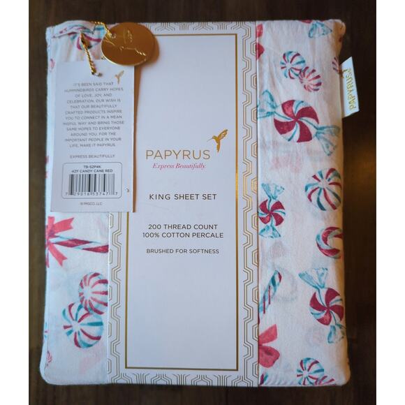 PAPYRUS Candy Cane King Sheet Set 100% Cotton 200 Thread Count Percale NEW - Picture 1 of 4